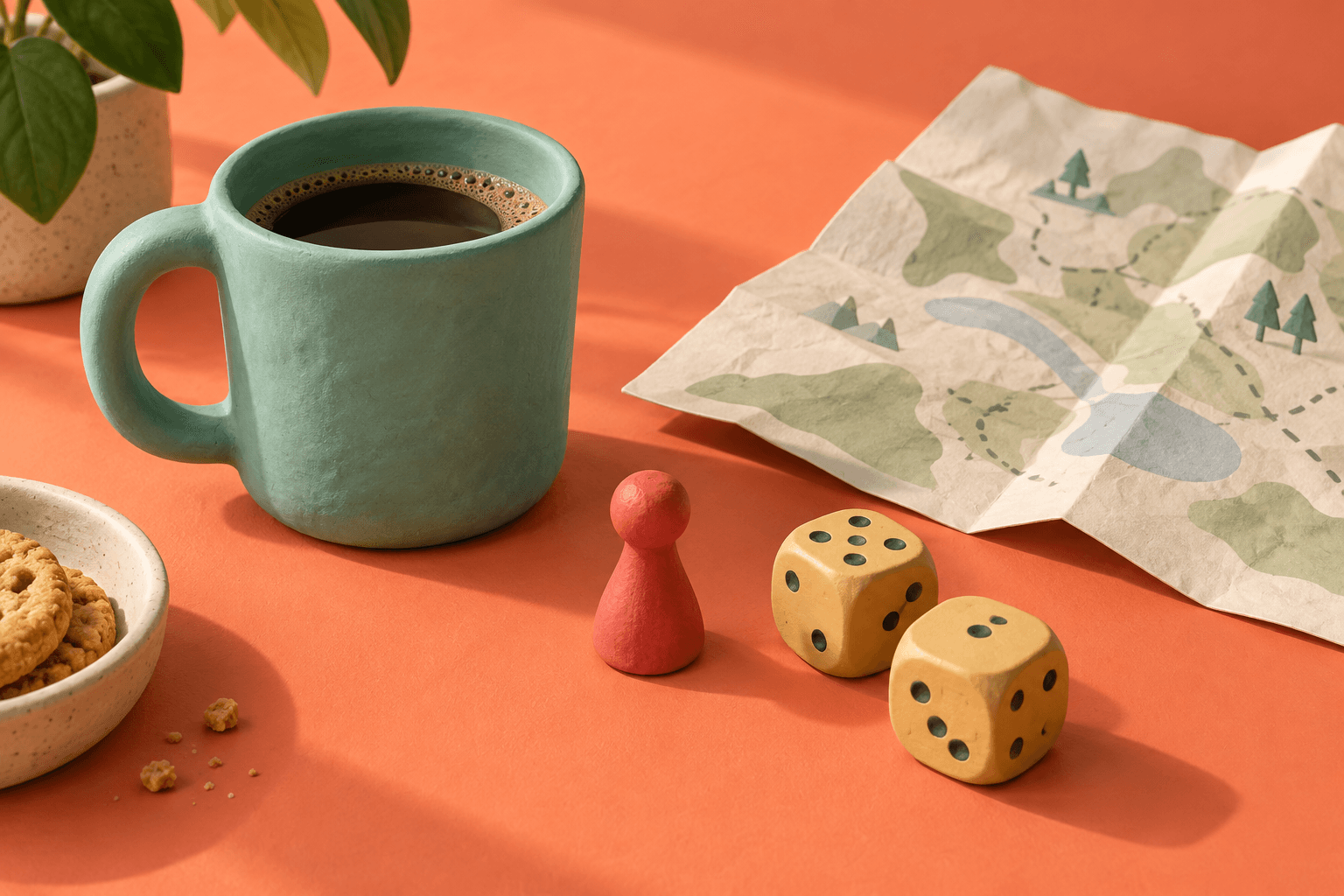A sea-glass coffee cup, golden dice and coral game piece beside a folded map.